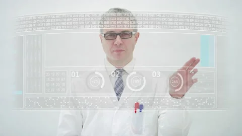THERMODYNAMICS text on a modern touchscreen display and a male scientist wearing Video stock 142928714