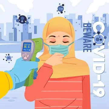 Thermogun body temperature checks to hijab women who wearing mask and cough v Stock Illustration