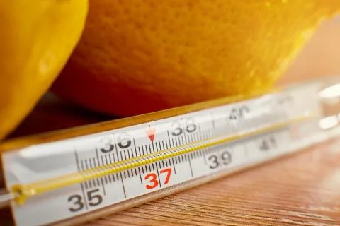 Thermometer on the background of lemons Stock Photos