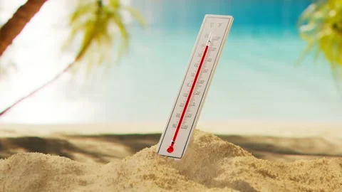 The thermometer at the beach in the shade of the palm trees. Tropical climate. Stock Footage 139748643