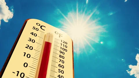Thermometer on blue sky with sun shining, climate change Stock Footage 155215334