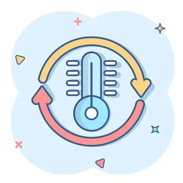 Thermometer climate control icon in comic style. Meteorology balance cartoon  Ilustração Stock