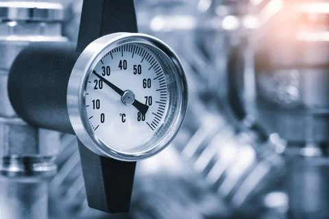 Thermometer close-up on a copper tank distiller 写真素材