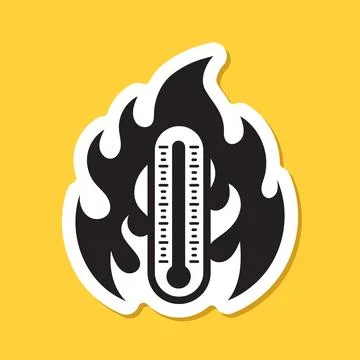 Thermometer in flame sticker icon in flat style. Climate control vector ill.. Stock Illustration
