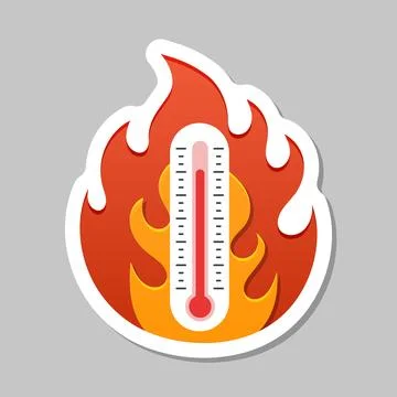 Thermometer in flame sticker  icon in flat style. Climate control vector il.. Stock Illustration