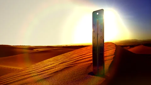 Thermometer with high temperature on the desert against  sunset Video stock 264801442