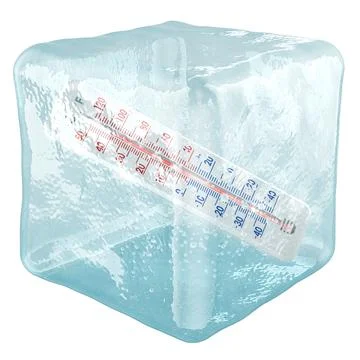 Thermometer with high temperature inside ice cube, 3D rendering Stock Illustration