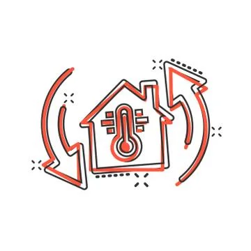 Thermometer home icon in comic style. House climate control cartoon vector il Stock Illustration