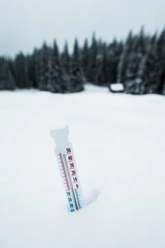 Thermometer mountains covered snow pine Stock Photos