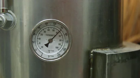 Thermometer Reading Fahrenheit Temperature Attached to Large Metallic Kettle Stock-Footage 61502556