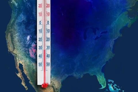 Thermometer with record low temperature map diagram, against the backdrop of  Stock Photos