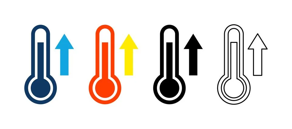 Thermometer rising temperature icon set featuring blue orange black and out.. Stock Illustration