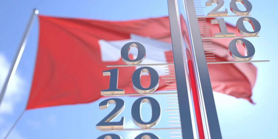 Thermometer shows 0 zero air temperature near waving flag of Switzerland Stock Illustration