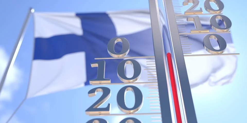 Thermometer shows 0 zero air temperature near flying flag of Finland. Weather Stock Illustration