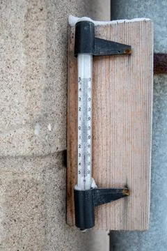 Thermometer shows low temperatures in celsius. Cold and frost Stock Photos