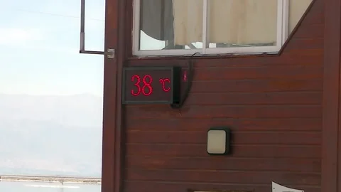 A thermometer shows temperature at shore of Dead Sea. Video stock 152687345