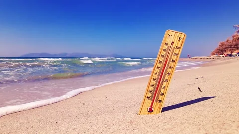 A thermometer is stuck in the sand of a sandy beach Stock Footage 163186814