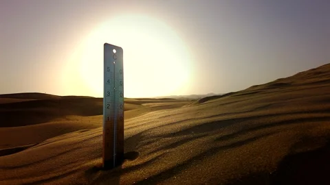 A thermometer, surrounded by endless sand dunes, indicates hot weather. Stock Footage 264800585