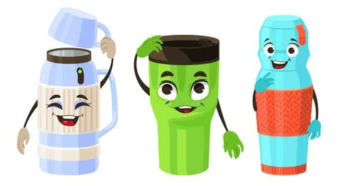 Thermos emoticon vector cute flask cup set Stock Illustration