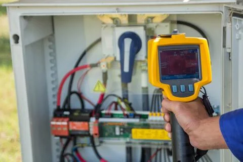 Thermoscan(thermal image camera), Scan to the breaker for temp check Stockfoto's