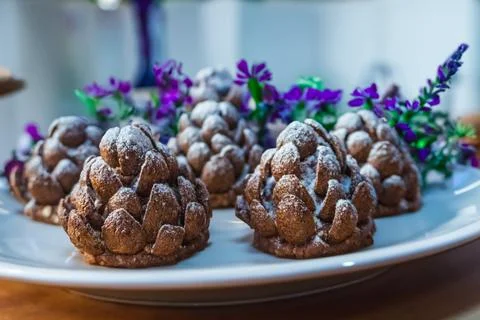 These chocolate pine cone-shaped shortbread cookies on a white plate Stock Photos
