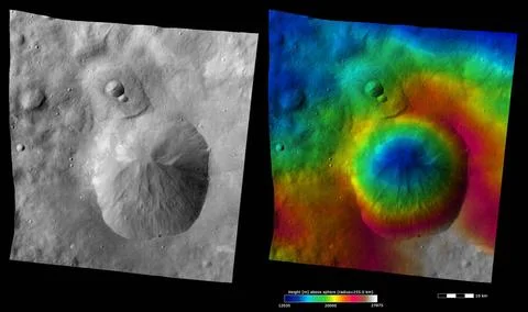 These images from NASA s Dawn spacecraft show Oppia crater on asteroid Ves... Stock Photos