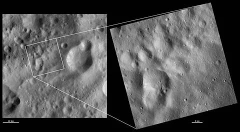 These images from NASA s Dawn spacecraft are located in asteroid Vesta s O... Stock Photos
