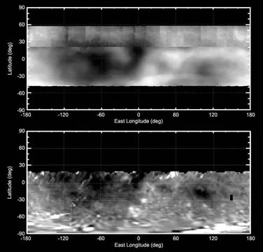 These two maps of the giant asteroid Vesta show patterns of brightness fro... 스톡 사진