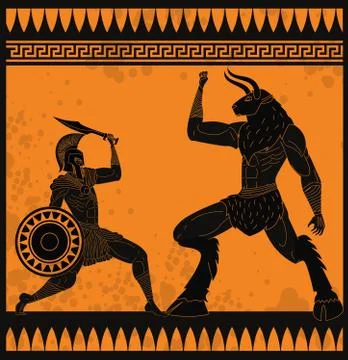 Theseus fighting the minotaur Stock Illustration