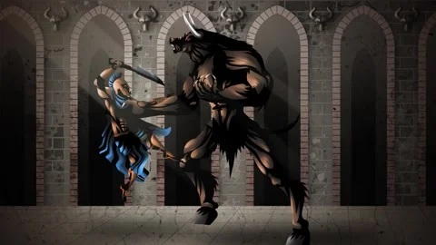 Theseus fighting the minotaur inside the ancient labyrinth Vídeo Stock 342363833