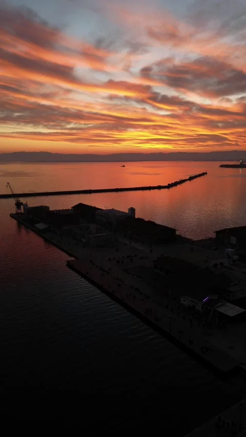 Thessaloniki port dramatic red sunset timelapse, vertical Stock Footage 345906944
