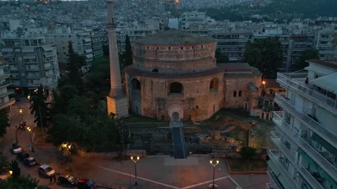 Thessaloniki Rotunda Twilight Elevated View Stock-Footage 334601005