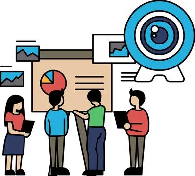 They are all looking at the screen and seem to be discussing something Stock Illustration