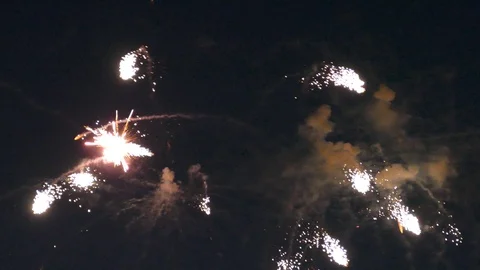 Thick balls of dense fireworks exploding and sparkling away at night Stock Footage 101222016