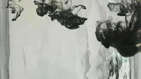 Thick black ink falling down with shells in clear water on grey background Stock Footage 291110327