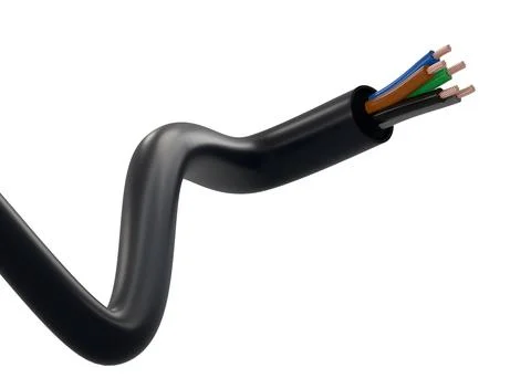 Thick black power cable with stripped copper wires exposed isolated on a plain Stock Photos