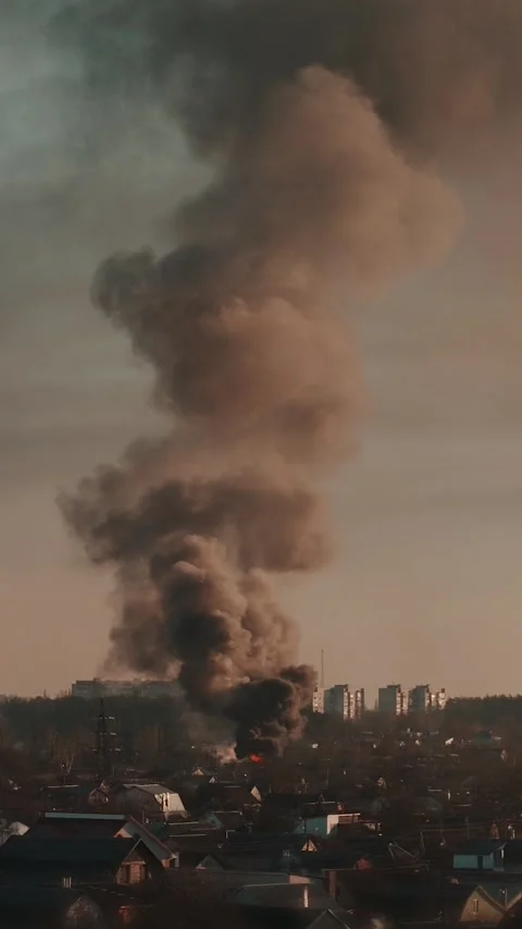 Thick black smoke rises into the sky from a burning after a rocket attack Stock Footage 327216077