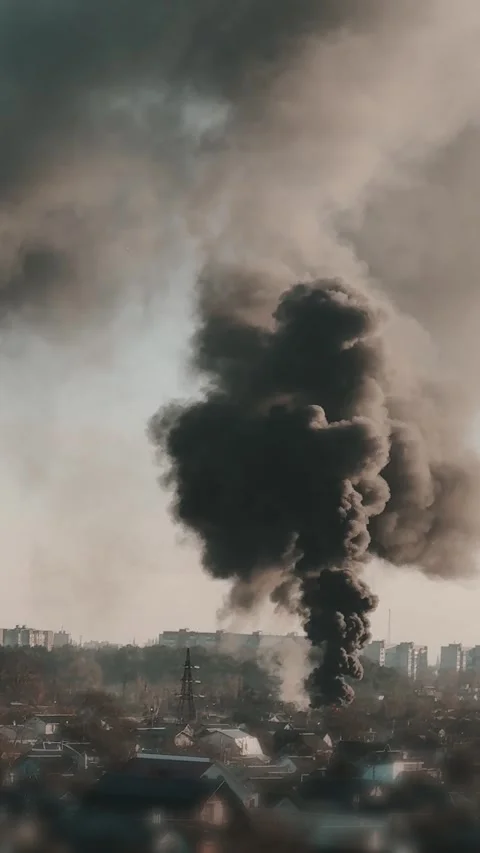 Thick black smoke rises into the sky from a burning building in the city Stock Footage 327301988