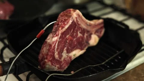 Thick bone-in steak cooking on cast iron grill pan with thermometer Stock Footage 340563176