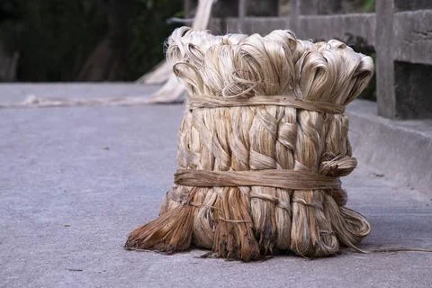 A thick brown  bundle of raw jute has on the ground Foto stock