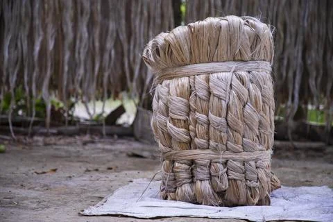 A thick brown  bundle of raw jute has on the ground Stock-Fotos