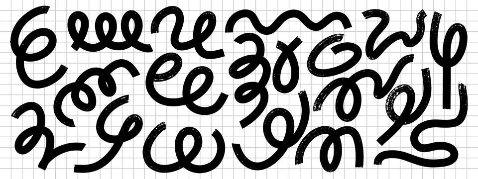 Thick brush squiggle collection with bold wavy doodle lines and curly grung.. Stock Illustration