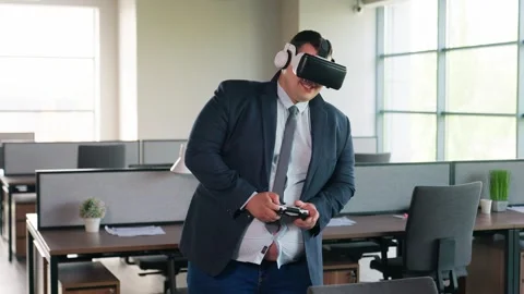Thick Businessman Play VR Stock Footage 273562012