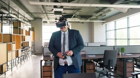 Thick Businessman Play VR Glasses Stock Footage 273561353