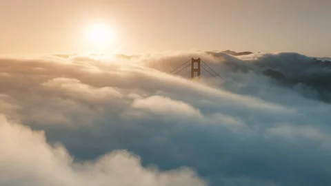 Thick clouds flying around Golden Gate Bridge, San Francisco Scenic dense fog 4K Stock Footage 257486782