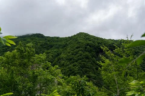 Thick clouds hung over the green mountains of Georgia Stock Photos