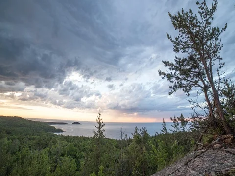 Thick Clouds at Sunset and Lake Superior Stock Footage 80127006