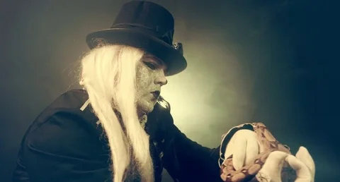 Thick crazy actor in white makeup with a snake. Masquerade. Видео 70986451