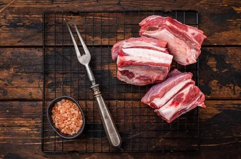 Thick Cut raw lamb Short Ribs, fresh mutton meat with bone. wooden backgrou.. Stock Photos