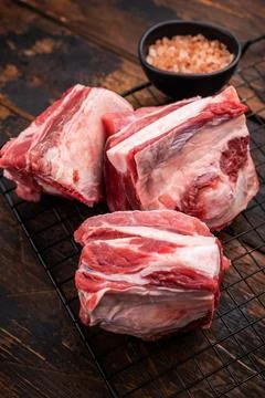Thick Cut raw lamb Short Ribs, fresh mutton meat with bone. wooden backgrou.. Stock Photos